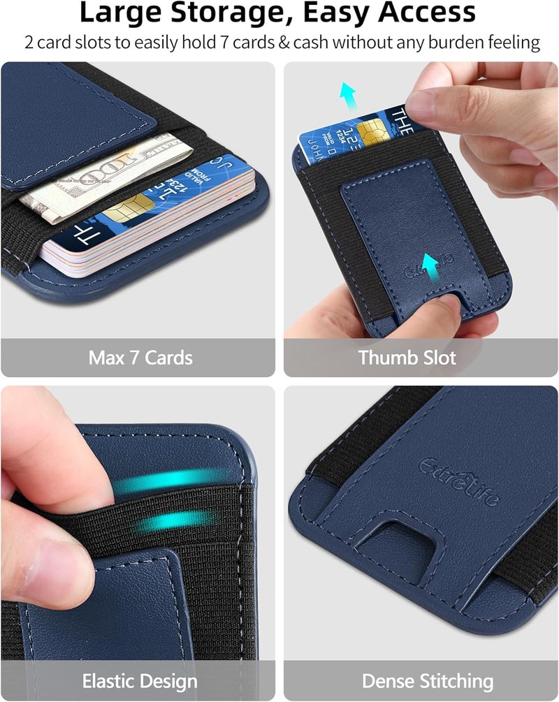 ExtreLife Phone Card Holder, Leather Phone Wallet Stick On, Stronger Adhesive Card Holder for Back of Phone, Credit Card Holder for Phone Case iPhone, Samsung, Android , RFID Blocking, Fit 7 Cards, Navy Blue - Image 3